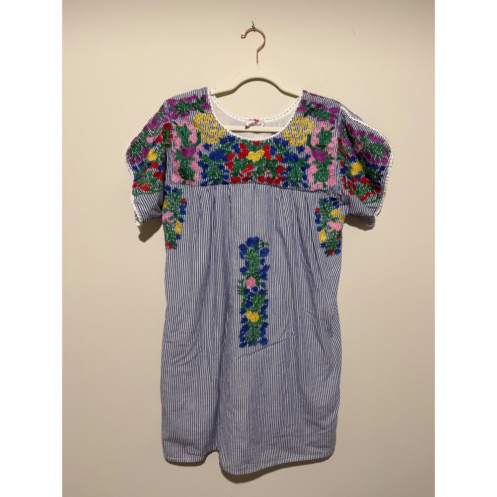 BuddyLove Alessandra Embroidered Pinstripe Tunic Dress Blue White Floral Large